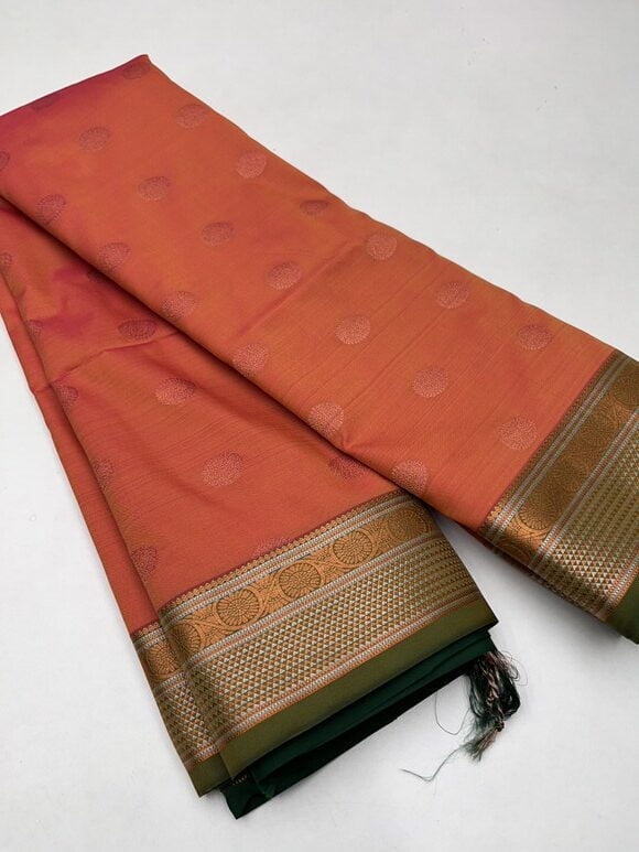 Kanjeevaram Semi silk saree with Jaquard Border in Orange  with Pink