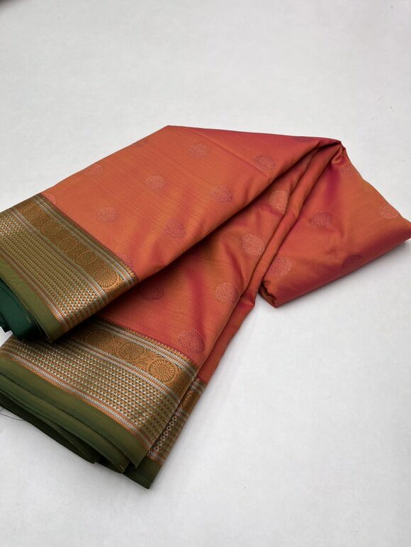 Kanjeevaram Semi silk saree with Jaquard Border in Orange  with Pink