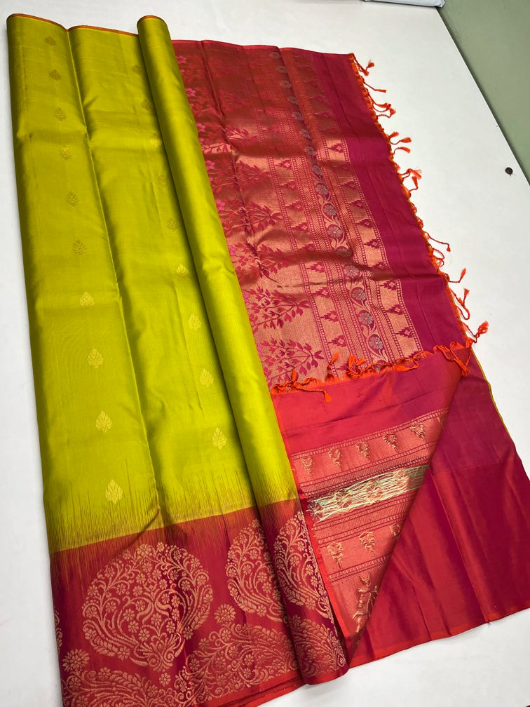 Green & Orangish Pink - Soft Silk Saree