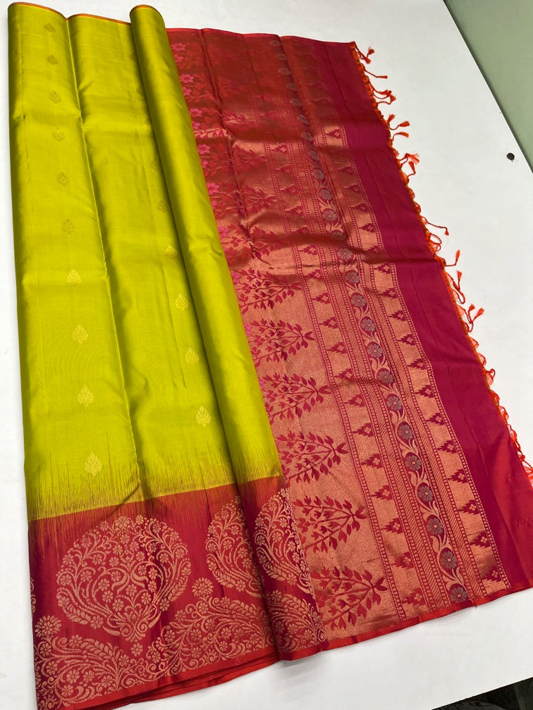 Green & Orangish Pink - Soft Silk Saree