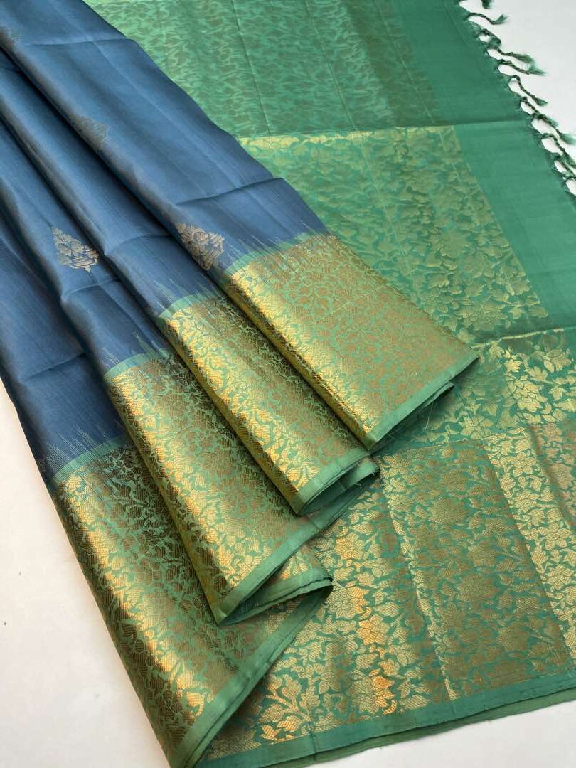 Beautiful Handloom Soft Silk Bhutta saree in Grey with Pastel Green