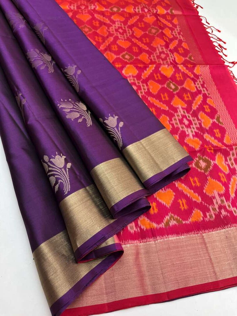 Beautiful Handloom Soft Silk Bhutta saree in Purple with Reddish Pink