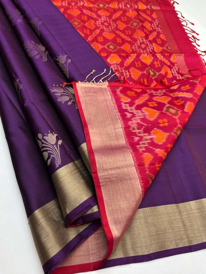 Beautiful Handloom Soft Silk Bhutta saree in Purple with Reddish Pink