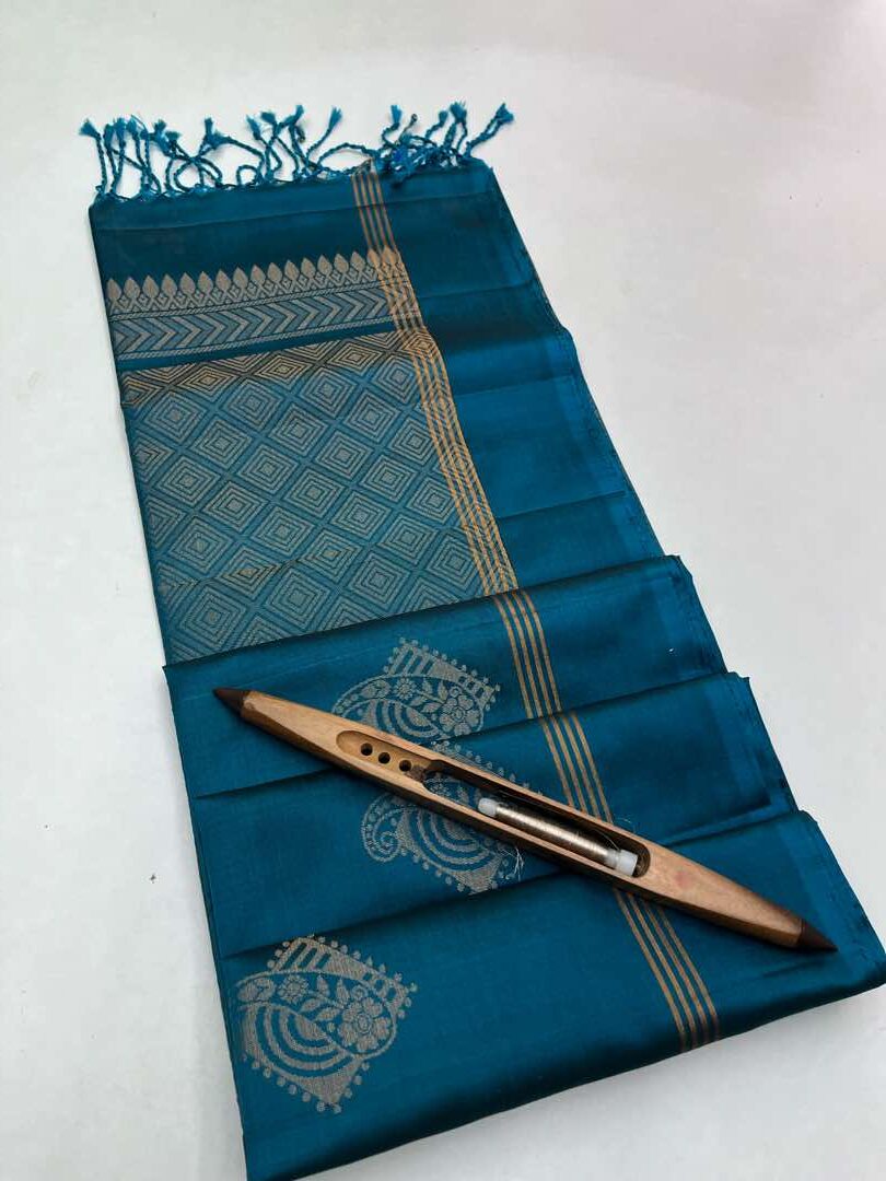 Beautiful Handloom Soft Silk Bhutta saree in Teal Blue