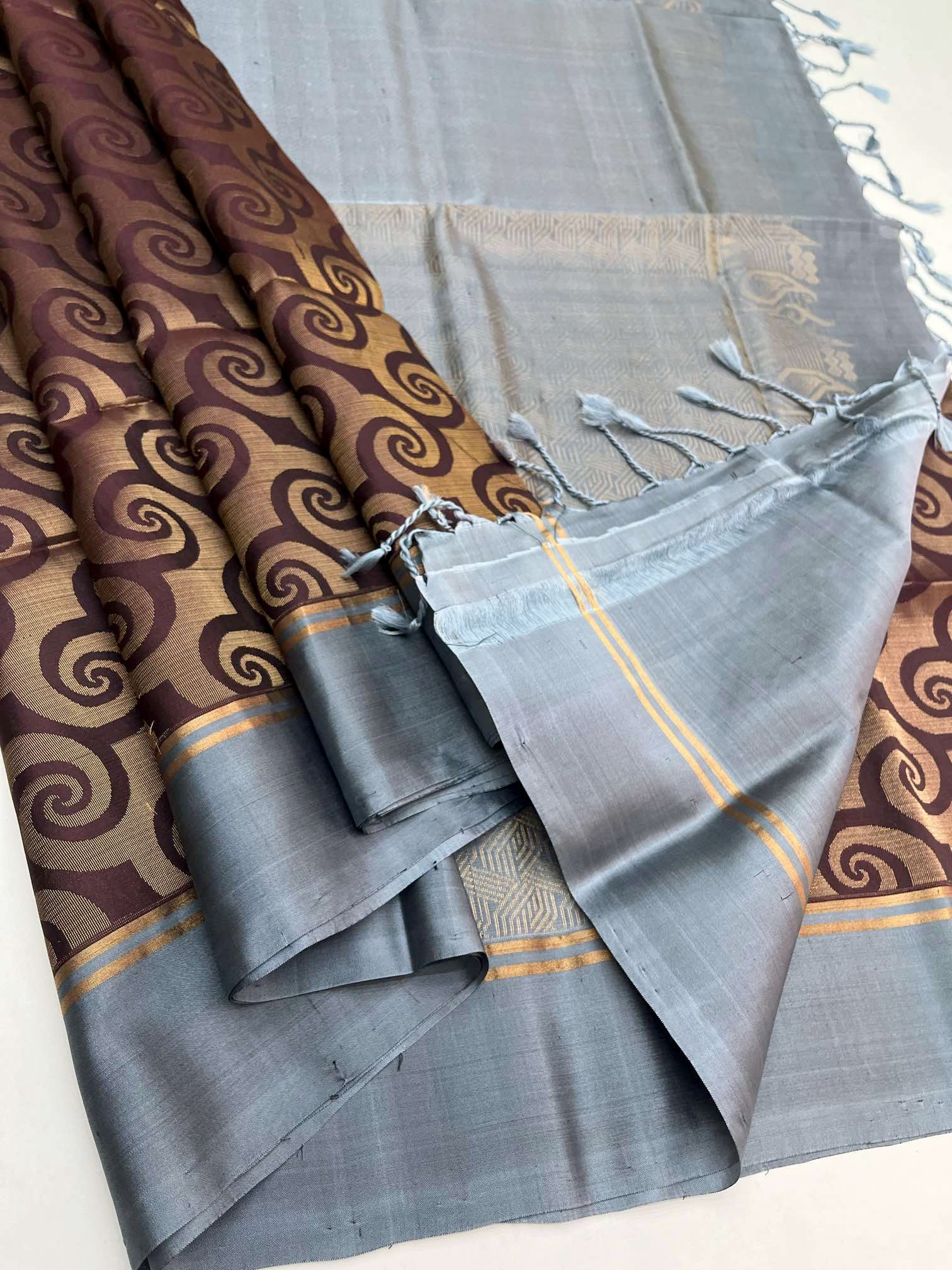 Brown with Grey -  SOFT SILK SAREE