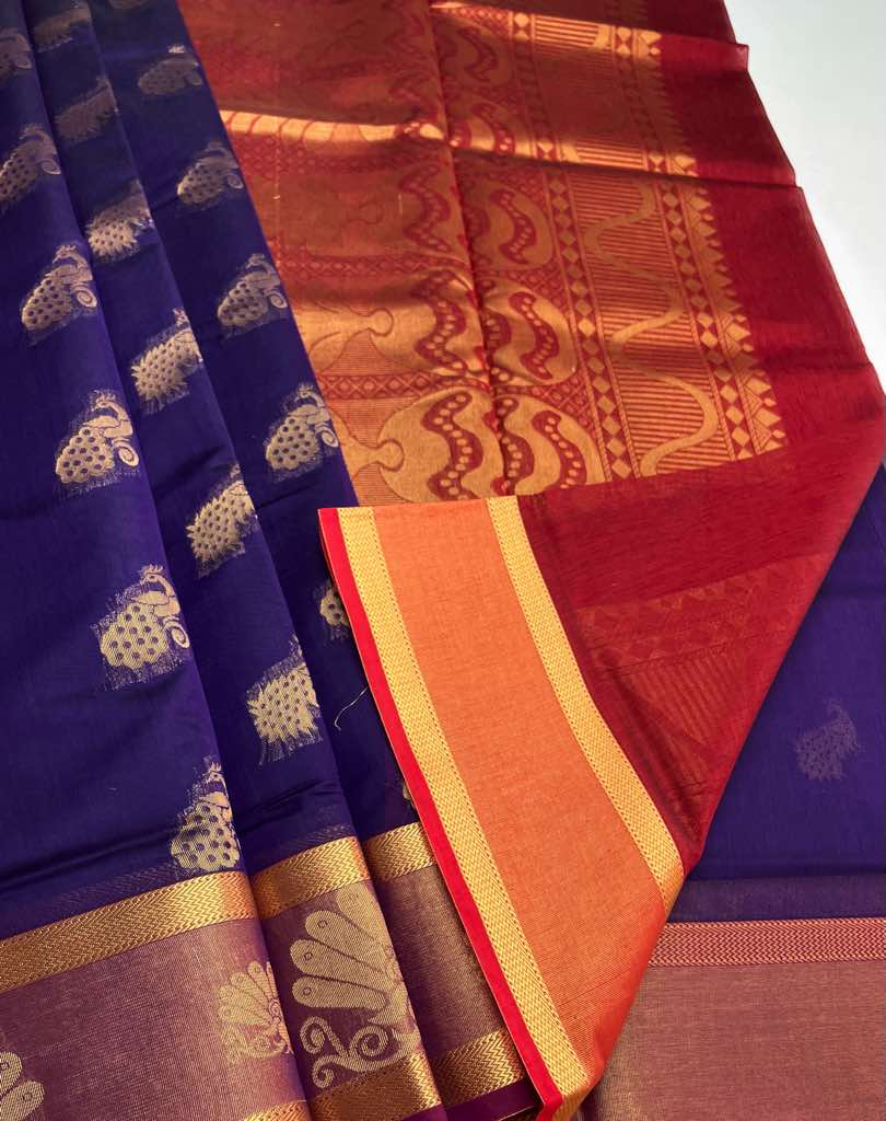 Elegant Kora Cotton Saree in Purple with Maroon