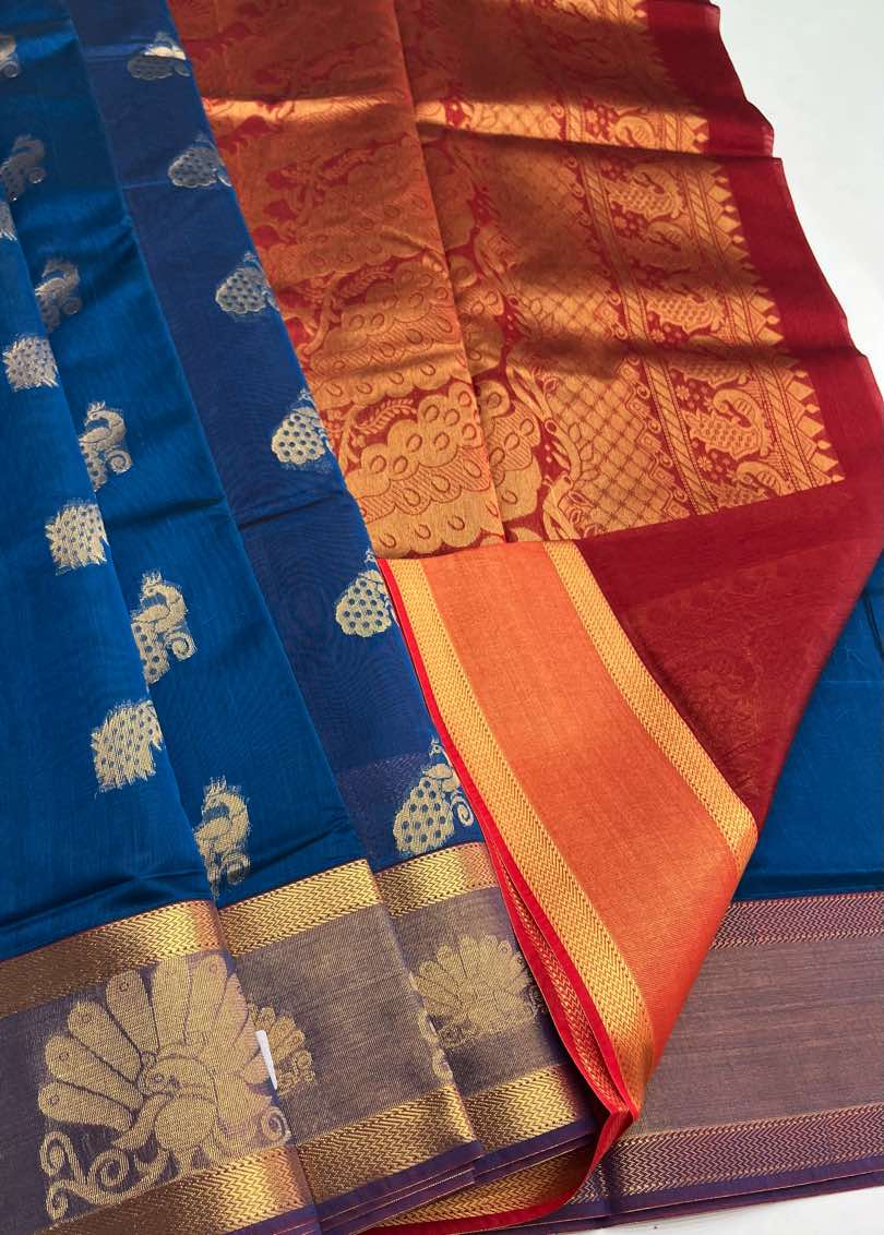 Elegant Kora Cotton Saree in Teal Blue with Maroon