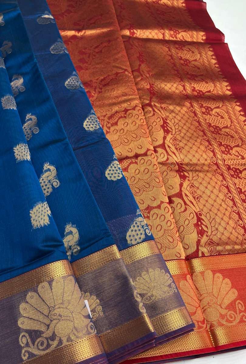 Elegant Kora Cotton Saree in Teal Blue with Maroon