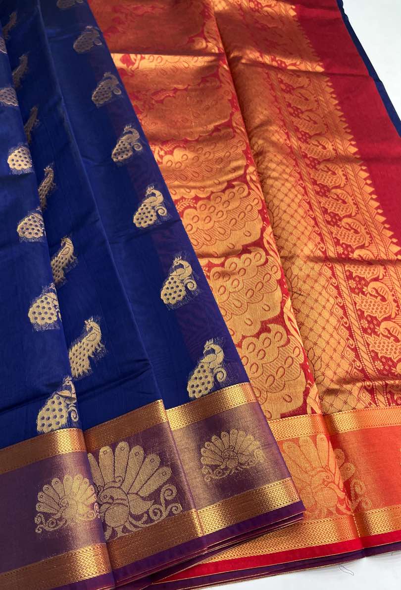 Elegant Kora Cotton Saree in Navy Blue with Maroon