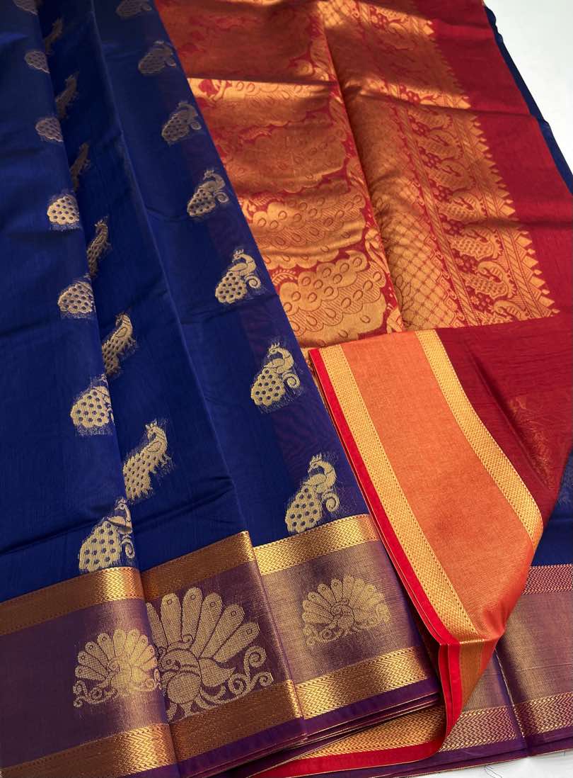 Elegant Kora Cotton Saree in Navy Blue with Maroon