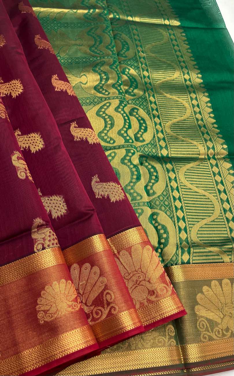 Elegant Kora Cotton Saree in Maroon with Green