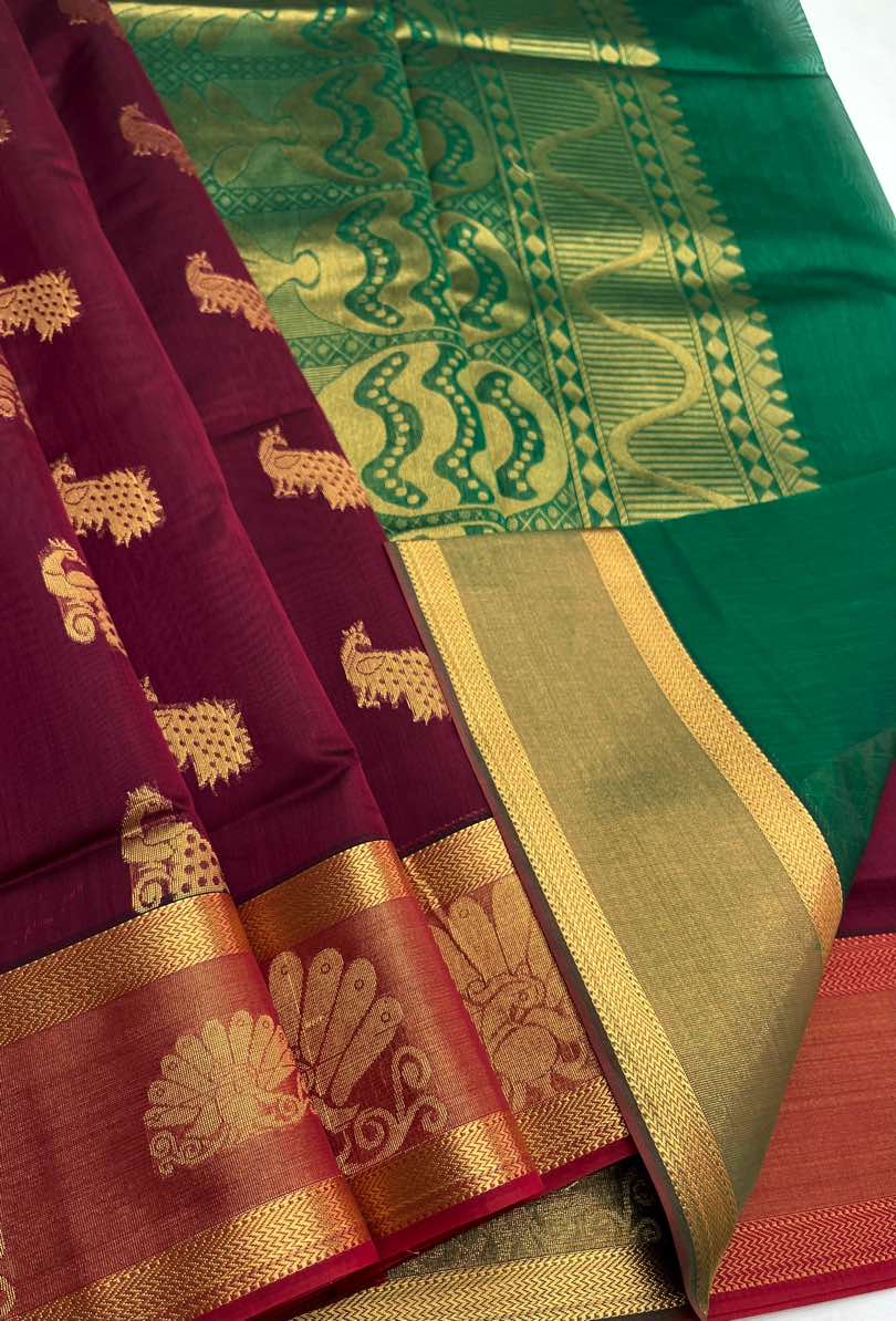 Elegant Kora Cotton Saree in Maroon with Green