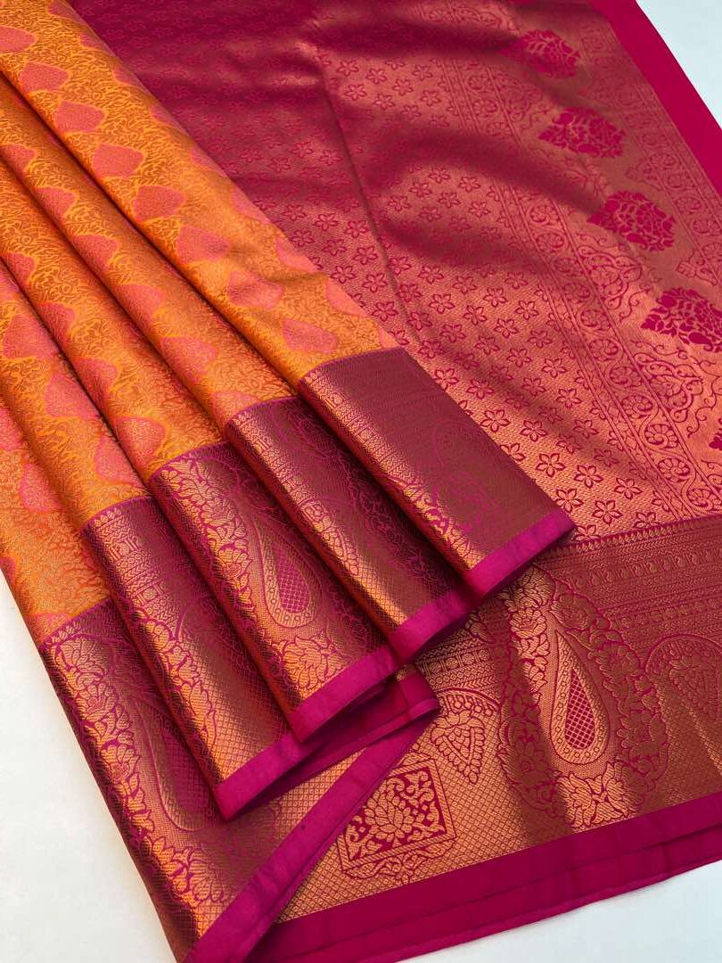 Beautiful Handloom Soft Silk Bridal saree in Orange with Pink