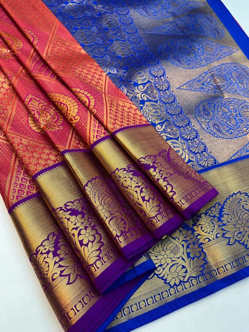 Beautiful Handloom Soft Silk Bridal saree in Peach with Blue