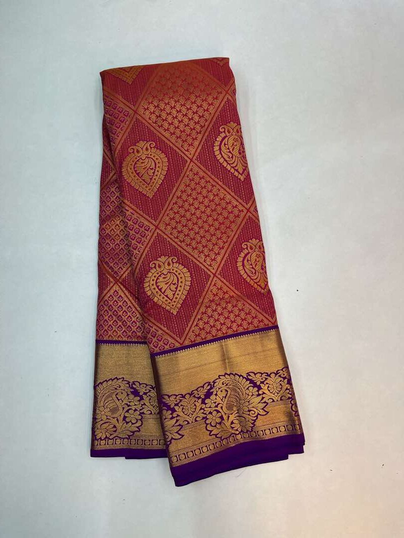 Beautiful Handloom Soft Silk Bridal saree in Peach with Blue