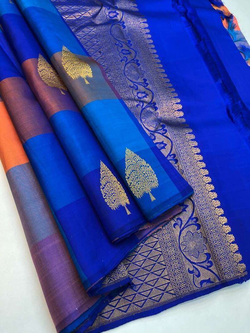 Beautiful Handloom Pure Soft Silk Checked Fancy Saree in Blue color