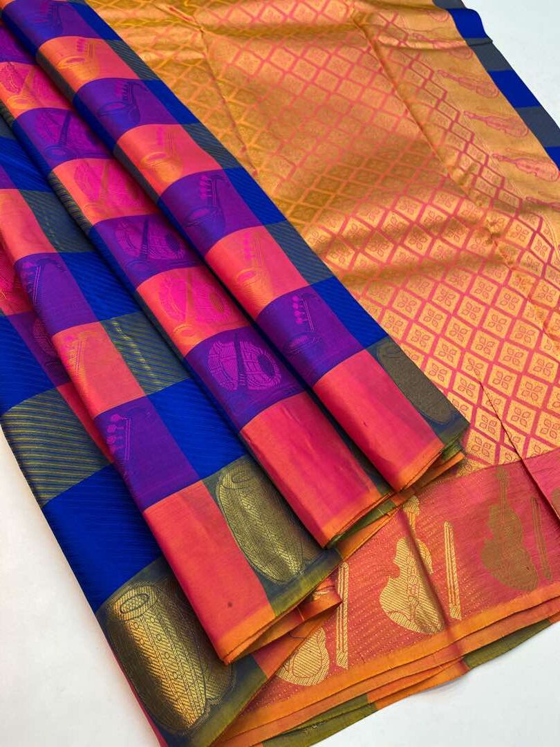 Beautiful Handloom Pure Soft Silk Checked Fancy Saree in Multicolor