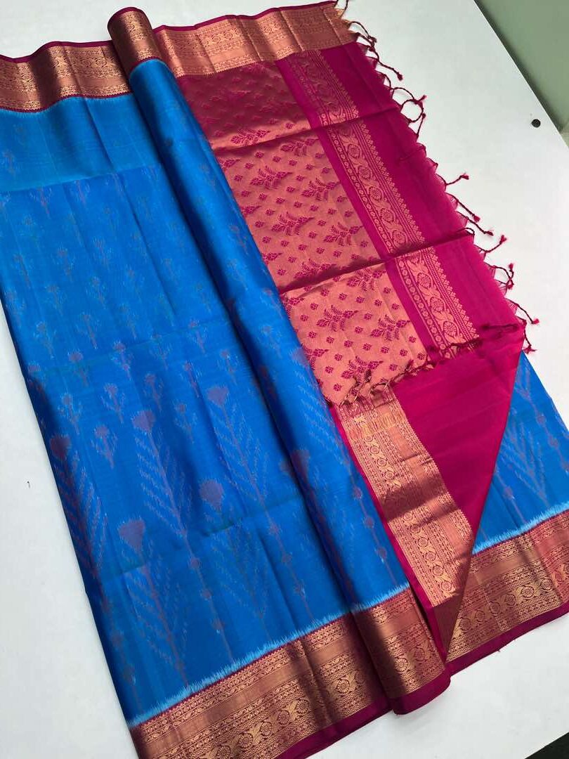 Beautiful  Handloom Soft Silk Pochampally saree in Blue with Pink