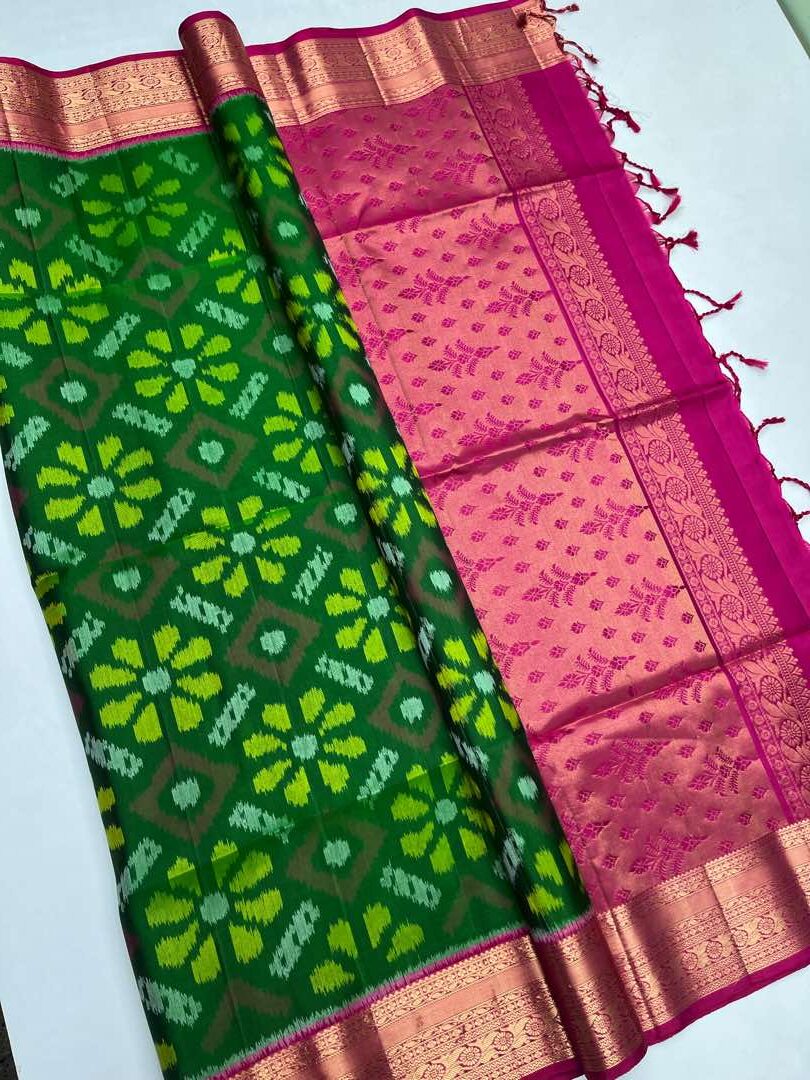 Beautiful Handloom Soft Silk Pochampally saree in Green with Pink