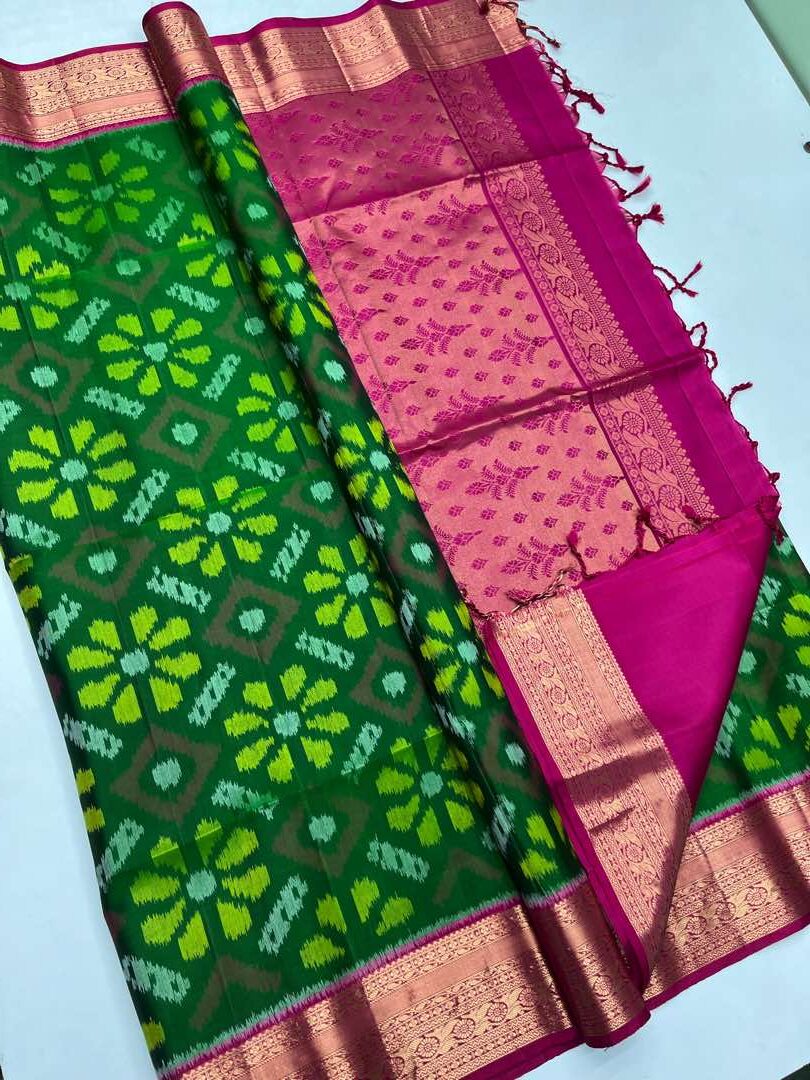 Beautiful Handloom Soft Silk Pochampally saree in Green with Pink