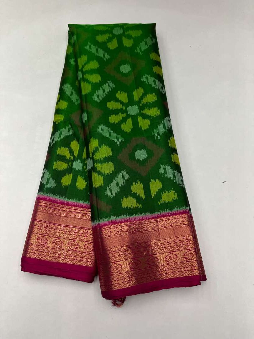 Beautiful Handloom Soft Silk Pochampally saree in Green with Pink