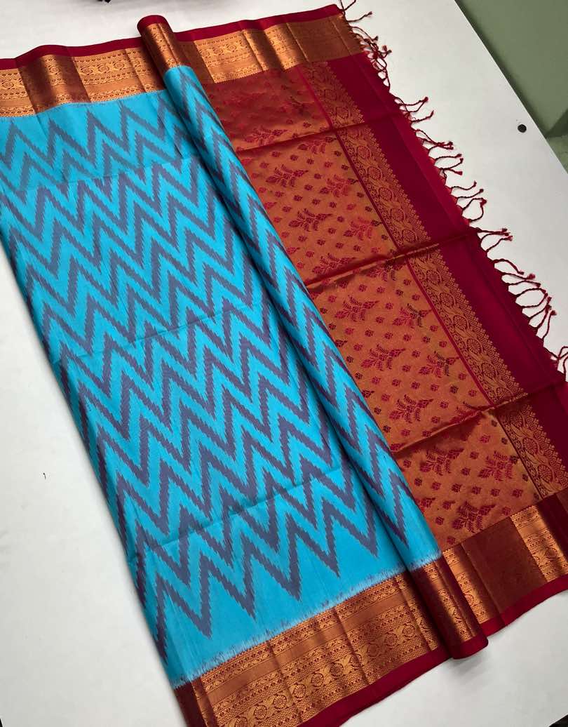 Beautiful Handloom Soft Silk Pochampally saree in Light Blue with Red