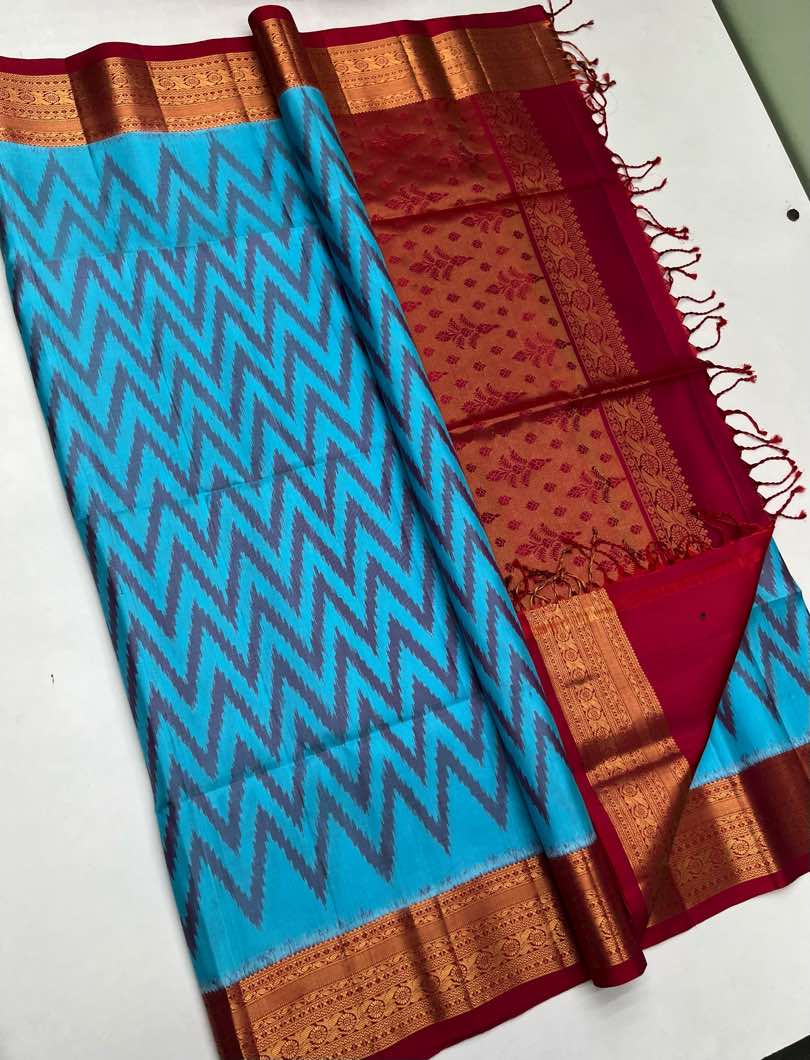 Beautiful Handloom Soft Silk Pochampally saree in Light Blue with Red