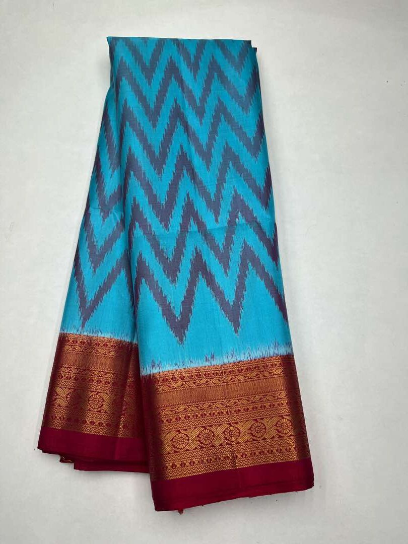 Beautiful Handloom Soft Silk Pochampally saree in Light Blue with Red