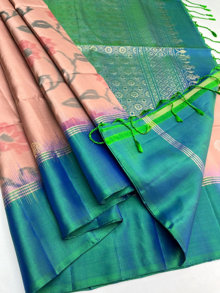 Cream & Bluish Green - Soft Silk Saree