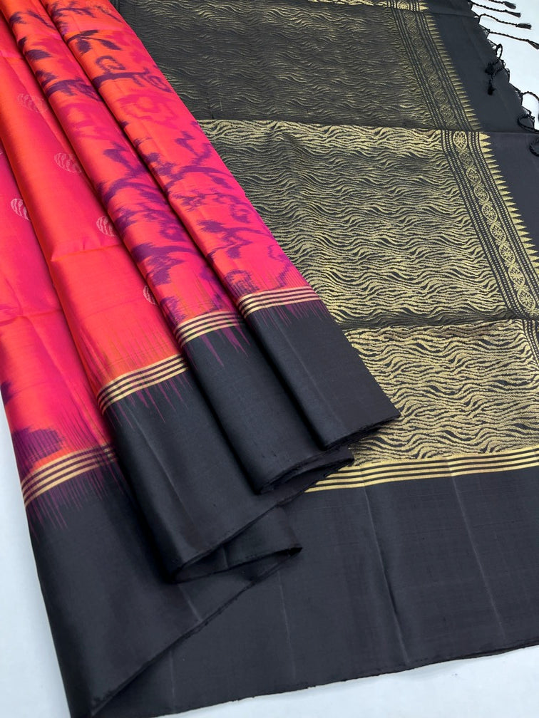 ORANGISH PINK & BLACK - SOFT SILK SAREE