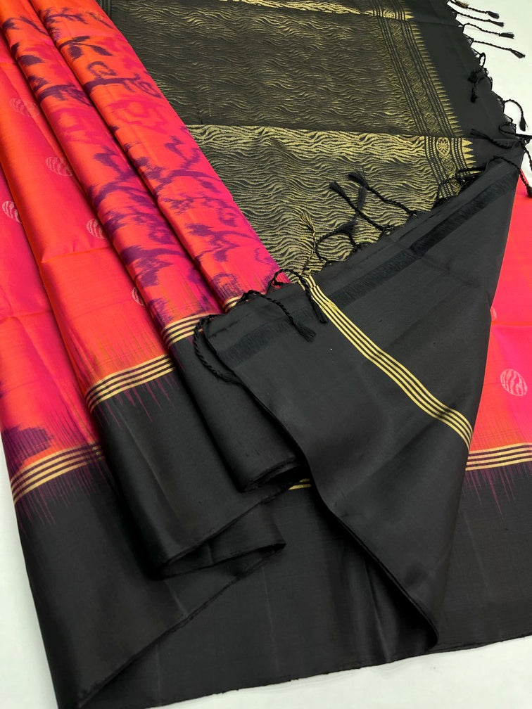 ORANGISH PINK & BLACK - SOFT SILK SAREE