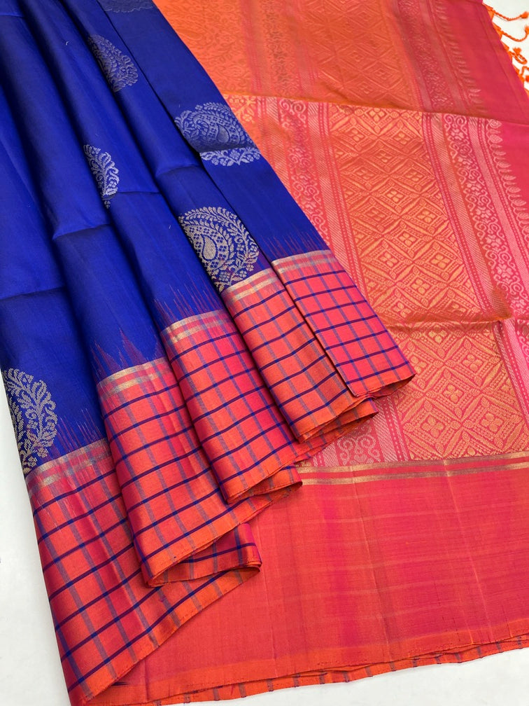 Blue & Orangish Pink - Soft Silk Saree