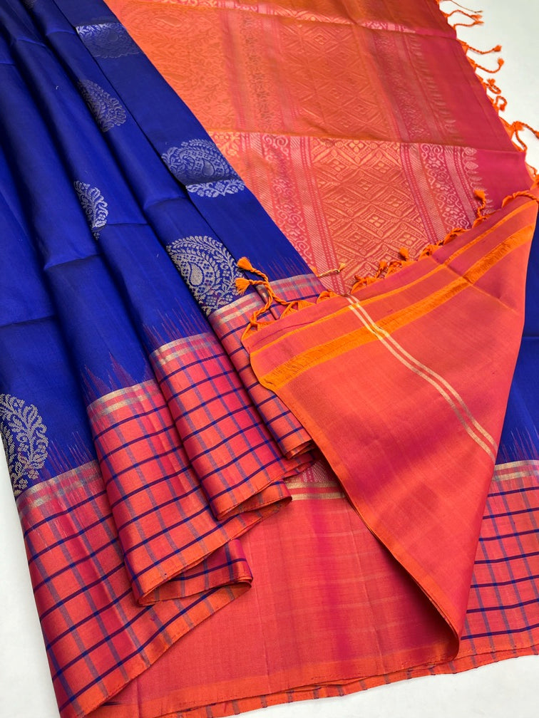 Blue & Orangish Pink - Soft Silk Saree