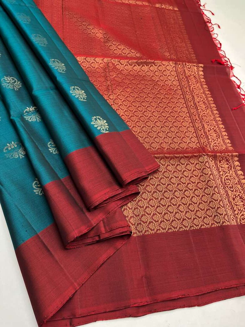 Beautiful Handloom Soft Silk Bhutta saree in Teal Green with Brown