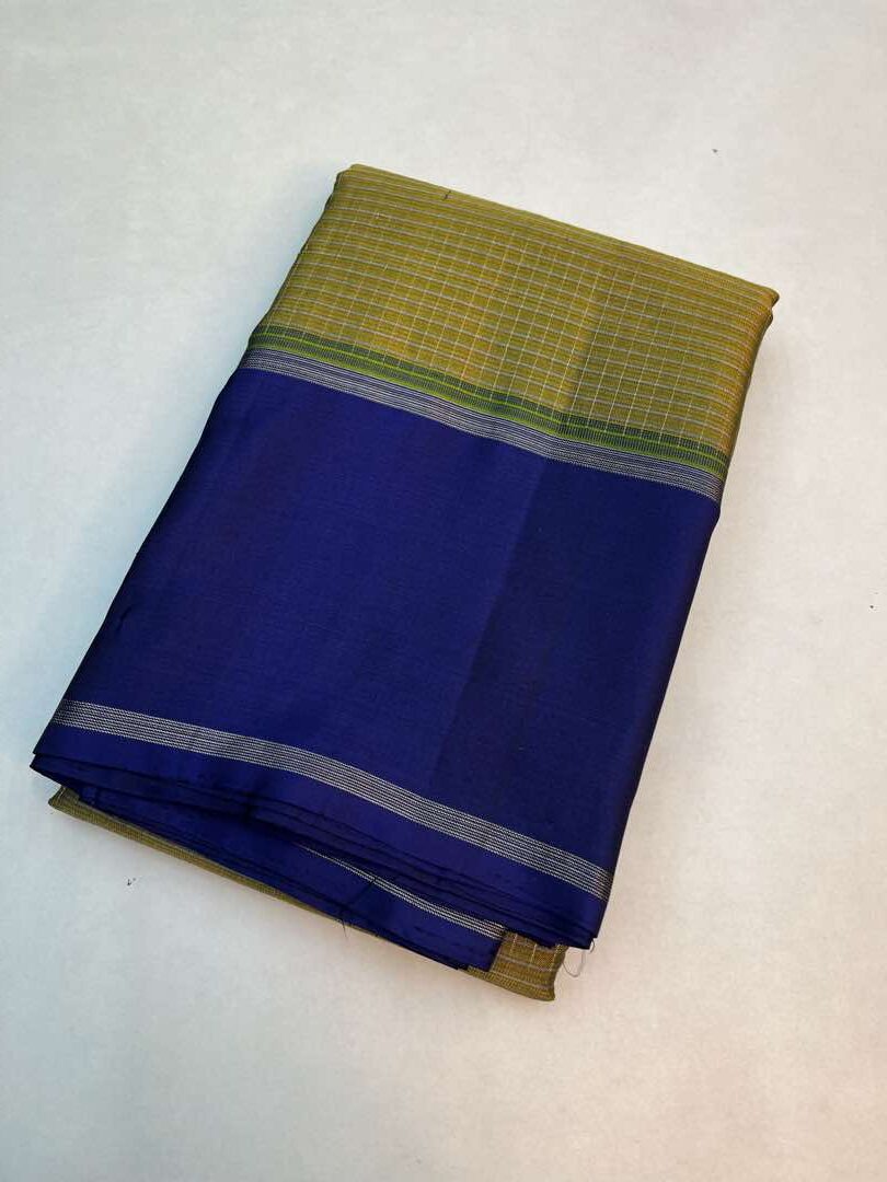 Beautiful Handloom Soft Silk Checked saree in Olive with Blue color