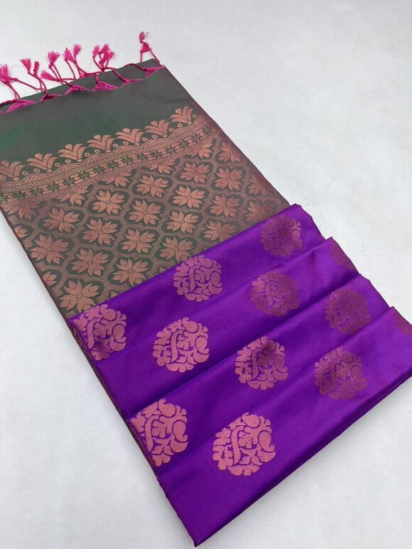 Semi soft silk Bhutta saree in Purple with Arakku Green color