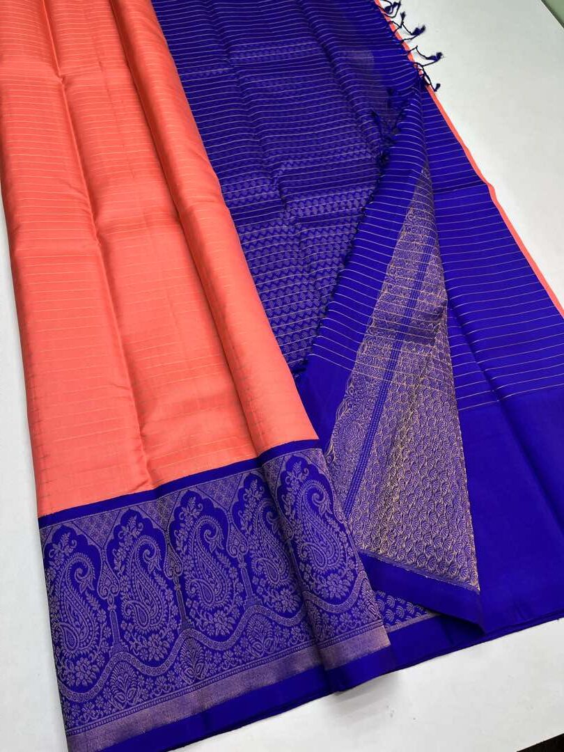 Beautiful Handloom Soft Silk Kotanji saree in Peach with Blue