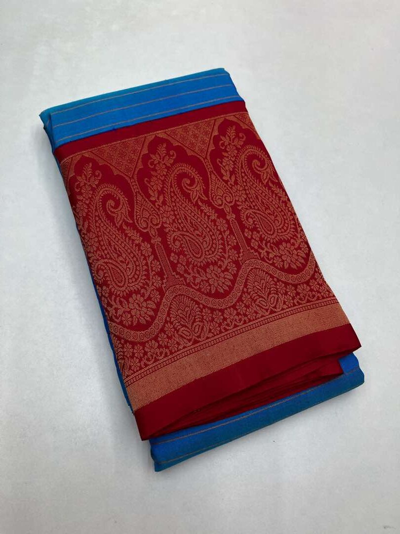 Beautiful Handloom Soft Silk Kotanji saree in Blue with Red