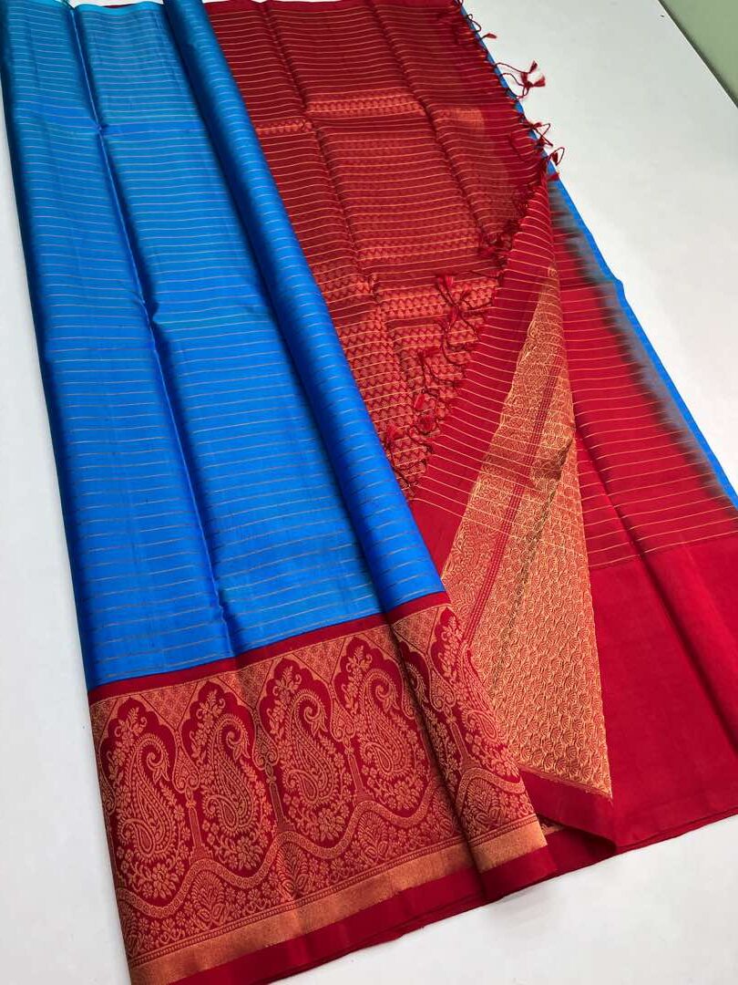 Beautiful Handloom Soft Silk Kotanji saree in Blue with Red