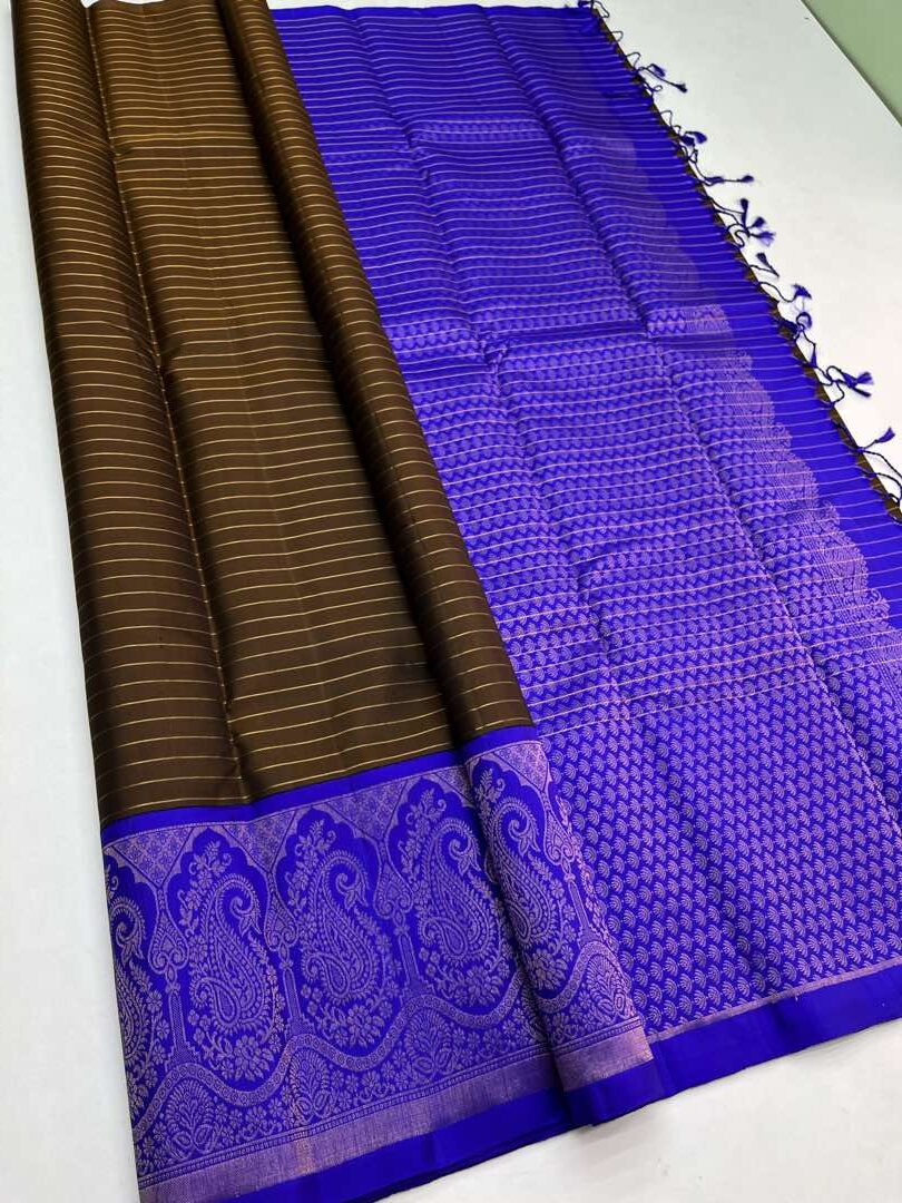 Beautiful Handloom Soft Silk Kotanji saree in Brown with Royal Blue