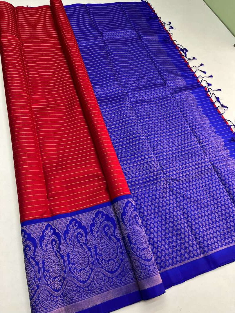 Beautiful Handloom Soft Silk Kotanji saree in Red with Royal Blue