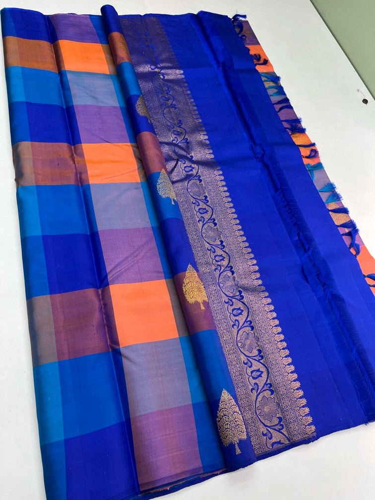 Blue & Yellow Pazhamum Palamum -Checked Soft Silk Saree