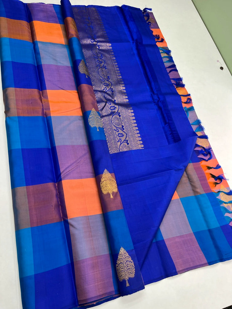 Blue & Yellow Pazhamum Palamum -Checked Soft Silk Saree