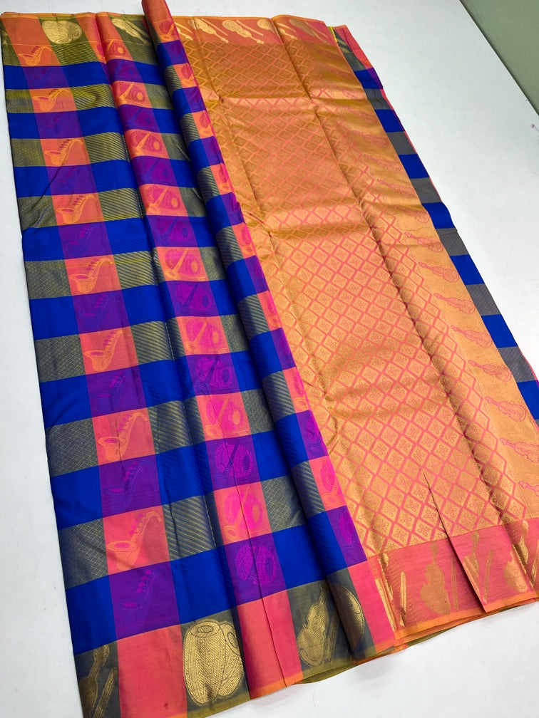 MULTICOLOR CHECKS-SOFT SILK  SAREE