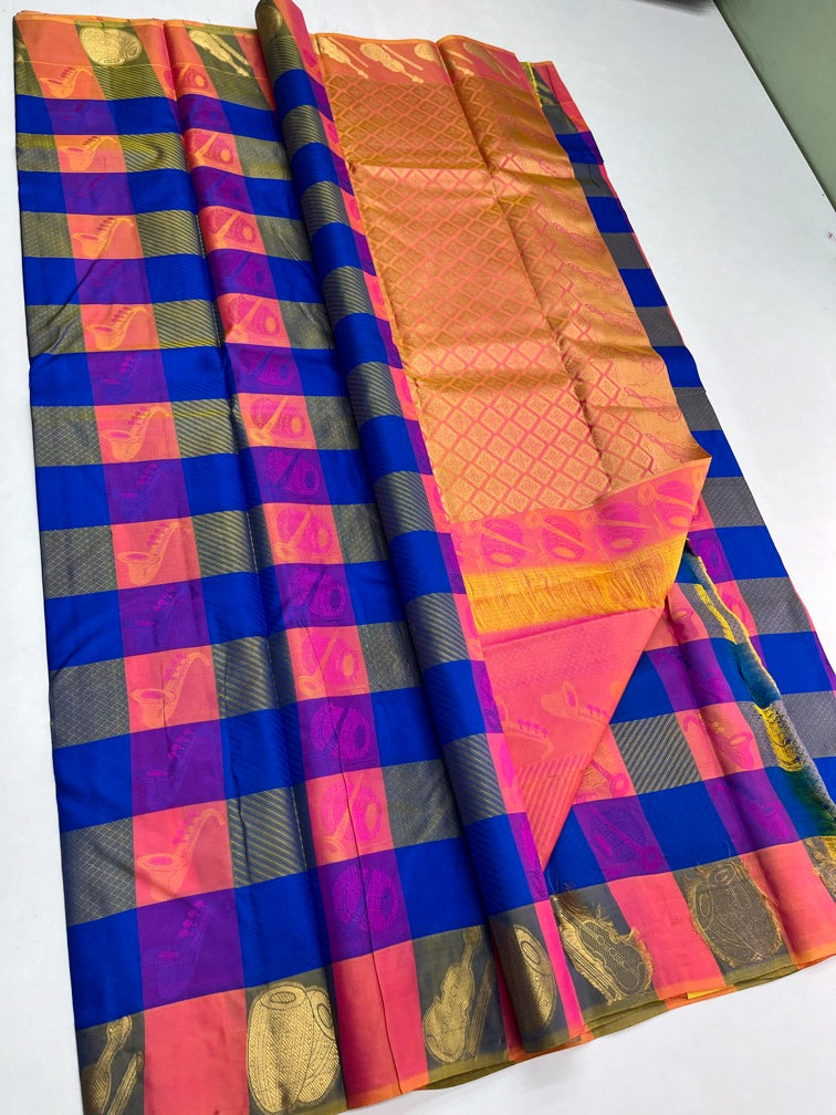 MULTICOLOR CHECKS-SOFT SILK  SAREE