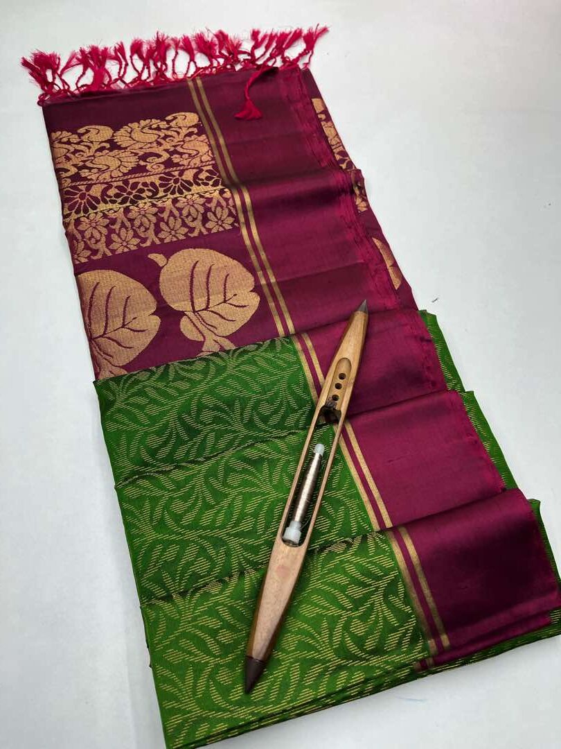 Beautiful Handloom Soft Silk Bridal saree in Green with Magenta Pink