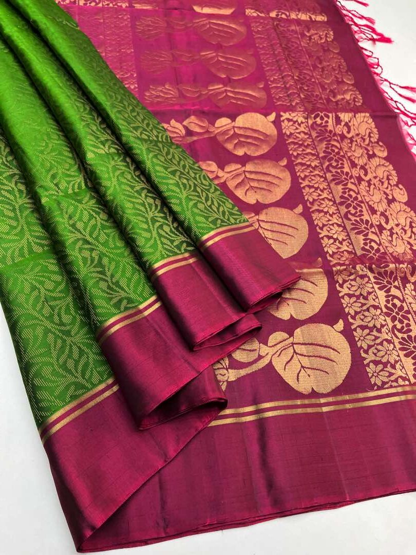 Beautiful Handloom Soft Silk Bridal saree in Green with Magenta Pink