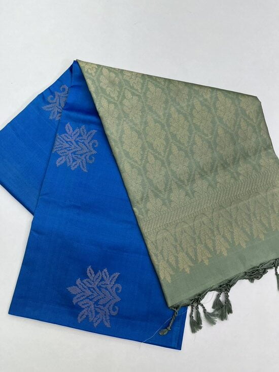 Handloom Pure Soft Silk Saree in Bhutta Design – Peacock Blue with Mint Green