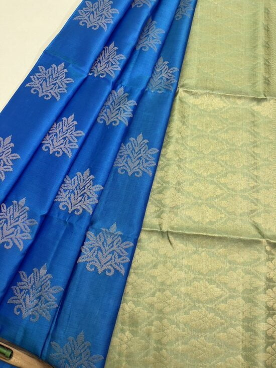 Handloom Pure Soft Silk Saree in Bhutta Design – Peacock Blue with Mint Green