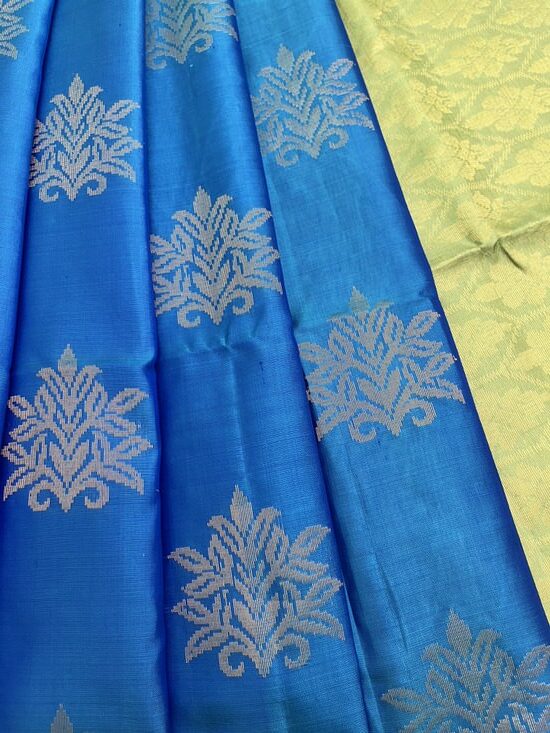 Handloom Pure Soft Silk Saree in Bhutta Design – Peacock Blue with Mint Green